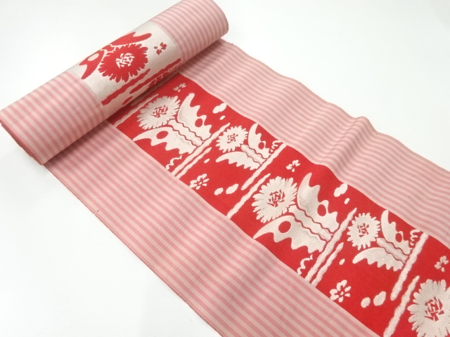 JAPANESE KIMONO / ANTIQUE BOLT FOR HASSUN OBI / WOVEN STRIPE & FLOWER